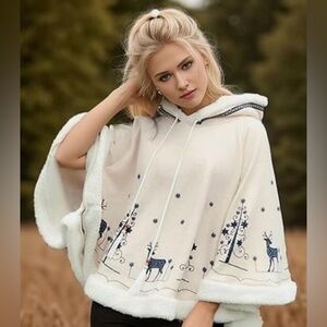 Flygo Women Cute Animal Print Cape Poncho Fleece Lined Hooded Cloak